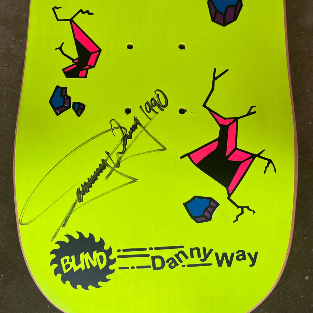 Signed Danny Way Nuke Baby 1990 neon Blind skateboard